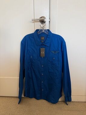 Armani Exchange Men's Royal Blue Long Sleeve Button-Down Shirt